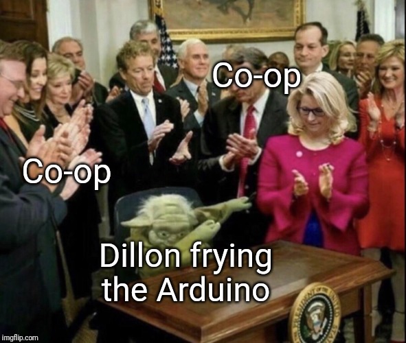 Yoda dab | Co-op; Co-op; Dillon frying the Arduino | image tagged in yoda dab | made w/ Imgflip meme maker