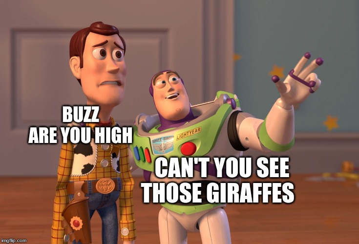 X, X Everywhere Meme | BUZZ ARE YOU HIGH; CAN'T YOU SEE THOSE GIRAFFES | image tagged in memes,x x everywhere | made w/ Imgflip meme maker