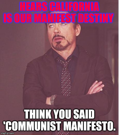 HEARS CALIFORNIA IS OUR MANIFEST DESTINY THINK YOU SAID 'COMMUNIST MANIFESTO. | image tagged in memes,face you make robert downey jr | made w/ Imgflip meme maker