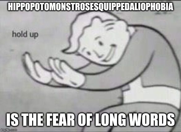 Fallout Hold Up | HIPPOPOTOMONSTROSESQUIPPEDALIOPHOBIA; IS THE FEAR OF LONG WORDS | image tagged in fallout hold up | made w/ Imgflip meme maker