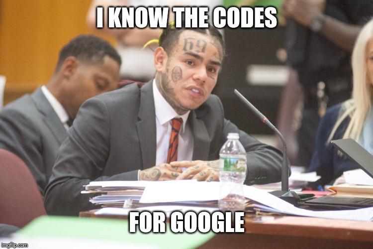 Tekashi 6ix9ine testifies | I KNOW THE CODES; FOR GOOGLE | image tagged in tekashi 6ix9ine testifies | made w/ Imgflip meme maker