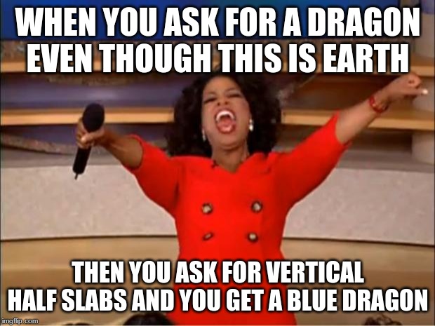 Oprah You Get A Meme | WHEN YOU ASK FOR A DRAGON EVEN THOUGH THIS IS EARTH THEN YOU ASK FOR VERTICAL HALF SLABS AND YOU GET A BLUE DRAGON | image tagged in memes,oprah you get a | made w/ Imgflip meme maker