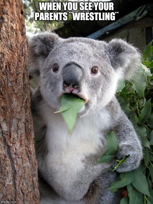 Surprised Koala | WHEN YOU SEE YOUR PARENTS ¨WRESTLING¨ | image tagged in memes,surprised koala | made w/ Imgflip meme maker