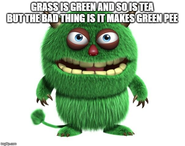 green troll | GRASS IS GREEN AND SO IS TEA BUT THE BAD THING IS IT MAKES GREEN PEE | image tagged in green troll | made w/ Imgflip meme maker