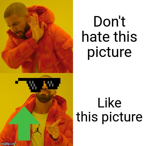 Drake Hotline Bling Meme | Don't hate this picture Like this picture | image tagged in memes,drake hotline bling | made w/ Imgflip meme maker