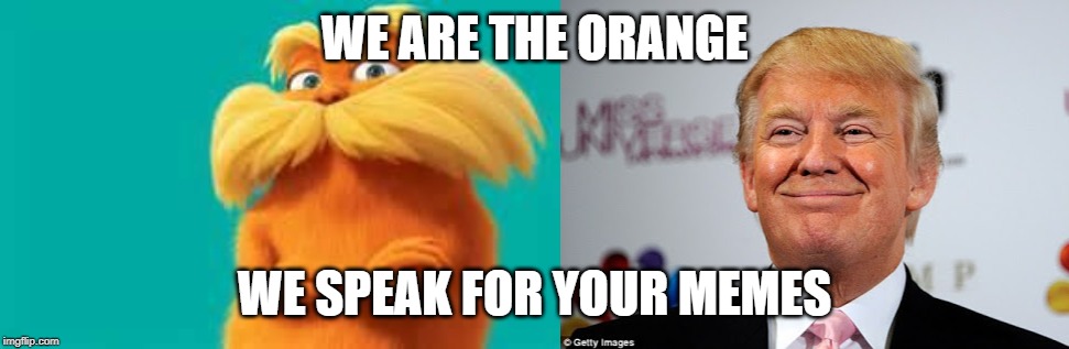 WE ARE THE ORANGE; WE SPEAK FOR YOUR MEMES | image tagged in lorax,donald trump approves | made w/ Imgflip meme maker