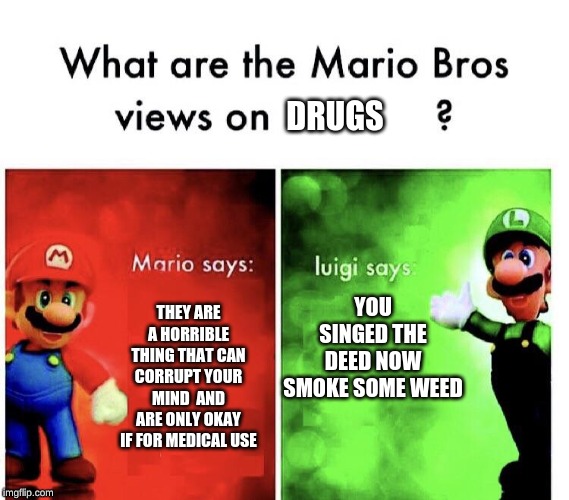 What are the mario bros views on:      ? | DRUGS; YOU SINGED THE DEED NOW SMOKE SOME WEED; THEY ARE A HORRIBLE THING THAT CAN CORRUPT YOUR MIND  AND ARE ONLY OKAY IF FOR MEDICAL USE | image tagged in what are the mario bros views on | made w/ Imgflip meme maker