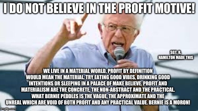 Bernie is a moron | image tagged in bernie,profit,bernie sanders,moron,commie | made w/ Imgflip meme maker