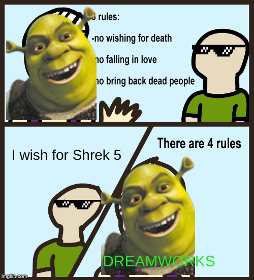 Genie Rules Meme | I wish for Shrek 5; DREAMWORKS | image tagged in genie rules meme | made w/ Imgflip meme maker
