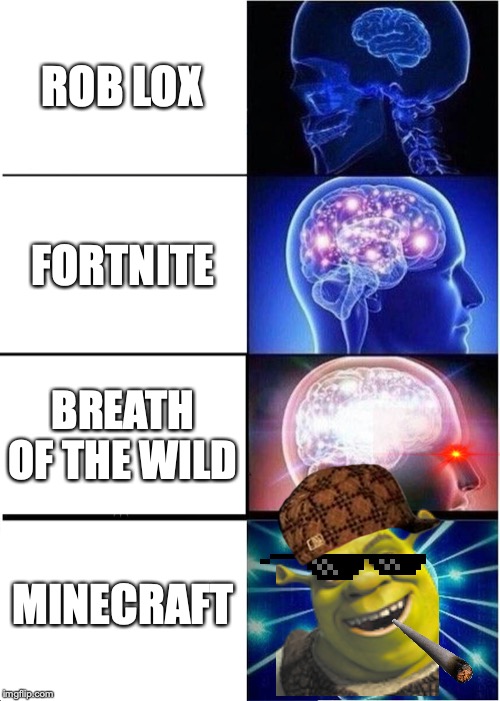 Expanding Brain Meme | ROB LOX; FORTNITE; BREATH OF THE WILD; MINECRAFT | image tagged in memes,expanding brain | made w/ Imgflip meme maker