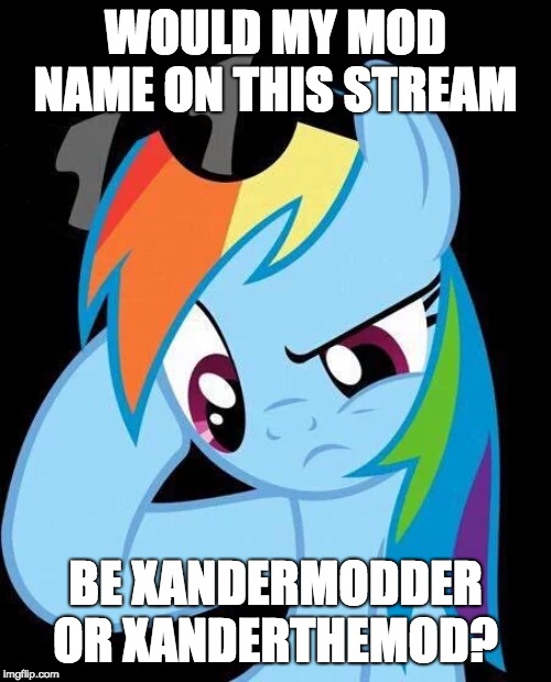 Confused Rainbow Dash | WOULD MY MOD NAME ON THIS STREAM; BE XANDERMODDER OR XANDERTHEMOD? | image tagged in confused rainbow dash | made w/ Imgflip meme maker