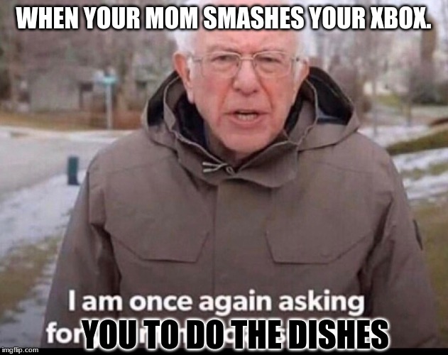bernie sanders financial support | WHEN YOUR MOM SMASHES YOUR XBOX. YOU TO DO THE DISHES | image tagged in bernie sanders financial support | made w/ Imgflip meme maker