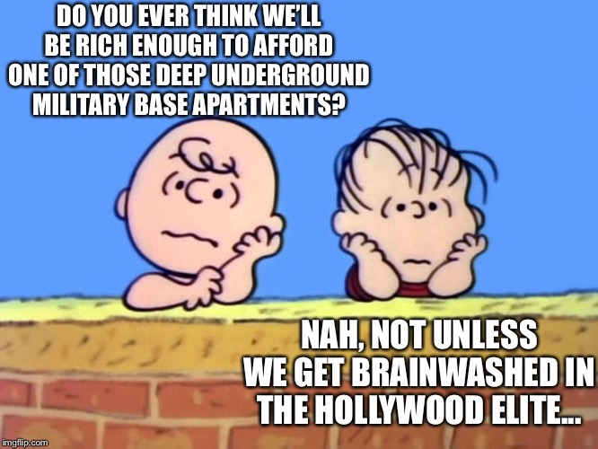 Charlie Brown and Linus | DO YOU EVER THINK WE’LL BE RICH ENOUGH TO AFFORD ONE OF THOSE DEEP UNDERGROUND MILITARY BASE APARTMENTS? NAH, NOT UNLESS WE GET BRAINWASHED  | image tagged in charlie brown and linus | made w/ Imgflip meme maker