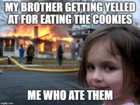 Disaster Girl | MY BROTHER GETTING YELLED AT FOR EATING THE COOKIES; ME WHO ATE THEM | image tagged in memes,disaster girl | made w/ Imgflip meme maker
