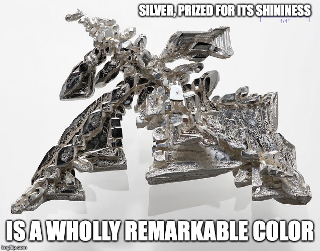 Silver | SILVER, PRIZED FOR ITS SHININESS; IS A WHOLLY REMARKABLE COLOR | image tagged in silver,memes | made w/ Imgflip meme maker