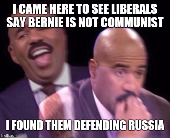 Steve Harvey Laughing Serious | I CAME HERE TO SEE LIBERALS SAY BERNIE IS NOT COMMUNIST I FOUND THEM DEFENDING RUSSIA | image tagged in steve harvey laughing serious | made w/ Imgflip meme maker