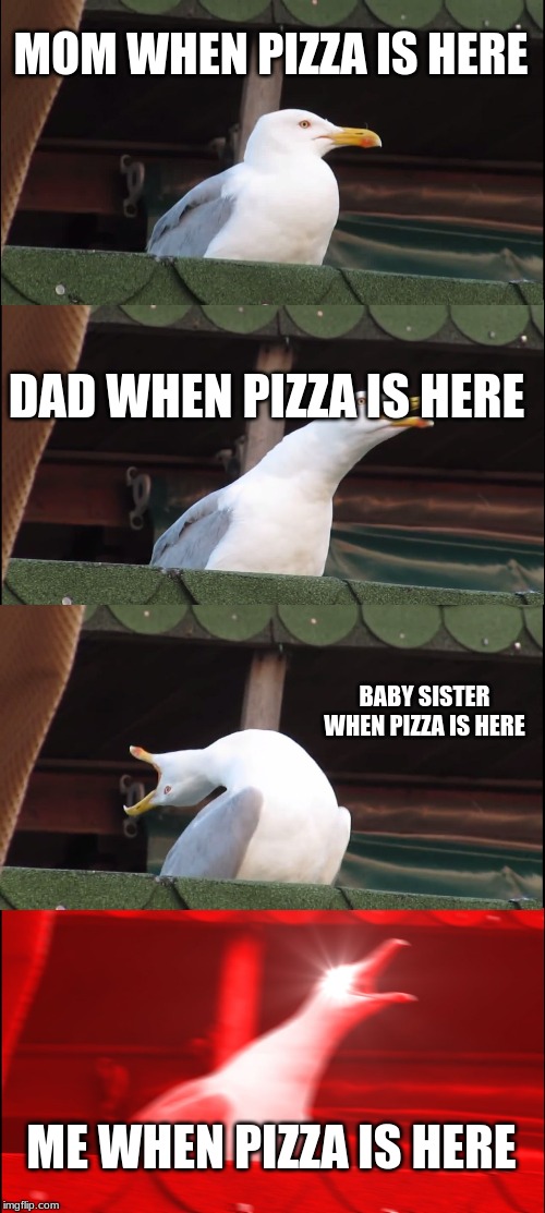 Inhaling Seagull | MOM WHEN PIZZA IS HERE; DAD WHEN PIZZA IS HERE; BABY SISTER WHEN PIZZA IS HERE; ME WHEN PIZZA IS HERE | image tagged in memes,inhaling seagull | made w/ Imgflip meme maker