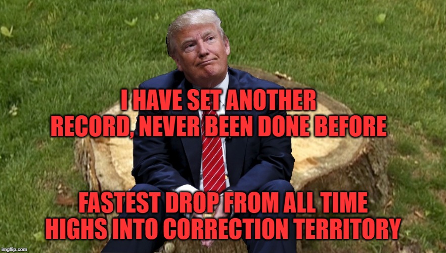 So much winning | I HAVE SET ANOTHER RECORD, NEVER BEEN DONE BEFORE; FASTEST DROP FROM ALL TIME HIGHS INTO CORRECTION TERRITORY | image tagged in trump on a stump | made w/ Imgflip meme maker