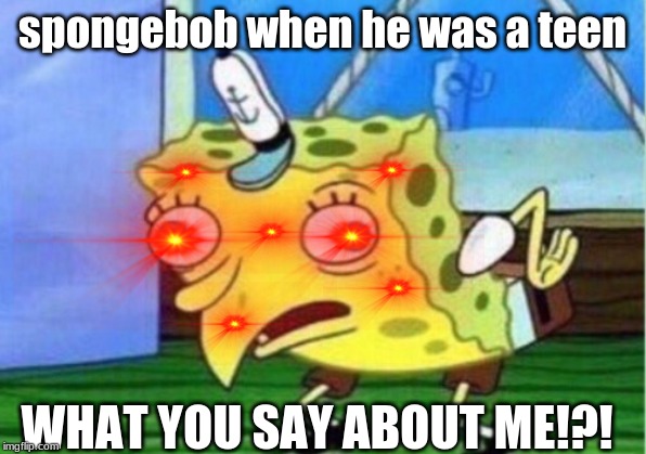 Mocking Spongebob | spongebob when he was a teen; WHAT YOU SAY ABOUT ME!?! | image tagged in memes,mocking spongebob | made w/ Imgflip meme maker