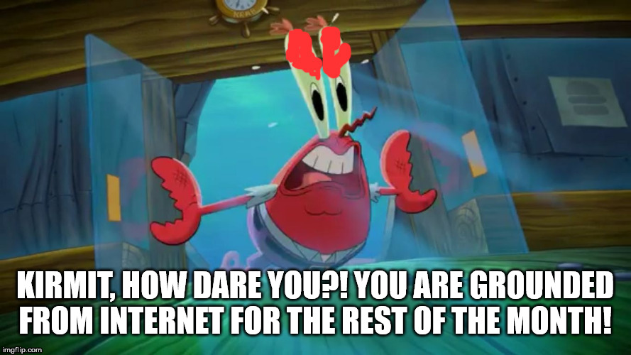 KIRMIT, HOW DARE YOU?! YOU ARE GROUNDED FROM INTERNET FOR THE REST OF THE MONTH! | made w/ Imgflip meme maker