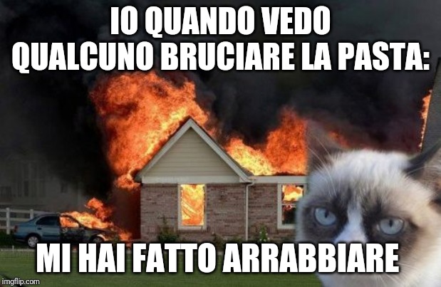 Italian Grumpy Cat Hates It When You Burn Pasta (yeah burnt pasta doesn't taste good) | IO QUANDO VEDO QUALCUNO BRUCIARE LA PASTA:; MI HAI FATTO ARRABBIARE | image tagged in memes,burn kitty,grumpy cat | made w/ Imgflip meme maker