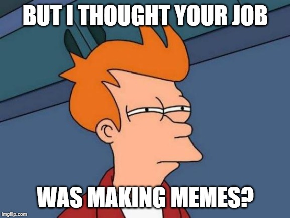 Futurama Fry Meme | BUT I THOUGHT YOUR JOB; WAS MAKING MEMES? | image tagged in memes,futurama fry | made w/ Imgflip meme maker