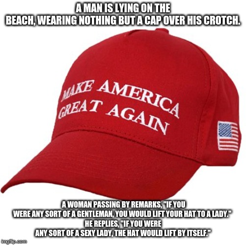 MAGA HAT | A MAN IS LYING ON THE BEACH, WEARING NOTHING BUT A CAP OVER HIS CROTCH. A WOMAN PASSING BY REMARKS, "IF YOU WERE ANY SORT OF A GENTLEMAN, YOU WOULD LIFT YOUR HAT TO A LADY." 
HE REPLIES, "IF YOU WERE ANY SORT OF A SEXY LADY, THE HAT WOULD LIFT BY ITSELF." | image tagged in maga hat | made w/ Imgflip meme maker