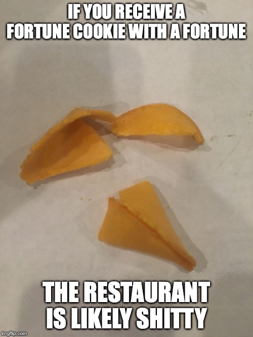 Fortune Cookie With no Fortune | IF YOU RECEIVE A FORTUNE COOKIE WITH A FORTUNE; THE RESTAURANT IS LIKELY SHITTY | image tagged in restaurant,fortune cookie,memes | made w/ Imgflip meme maker