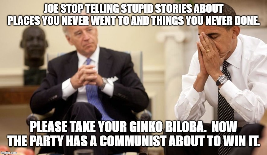 Biden Obama | JOE STOP TELLING STUPID STORIES ABOUT PLACES YOU NEVER WENT TO AND THINGS YOU NEVER DONE. PLEASE TAKE YOUR GINKO BILOBA.  NOW THE PARTY HAS A COMMUNIST ABOUT TO WIN IT. | image tagged in biden obama | made w/ Imgflip meme maker