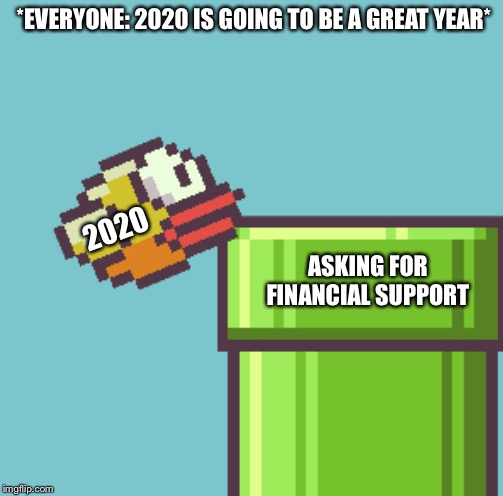 Flappy Failed | *EVERYONE: 2020 IS GOING TO BE A GREAT YEAR*; 2020; ASKING FOR FINANCIAL SUPPORT | image tagged in flappy failed,2020 | made w/ Imgflip meme maker
