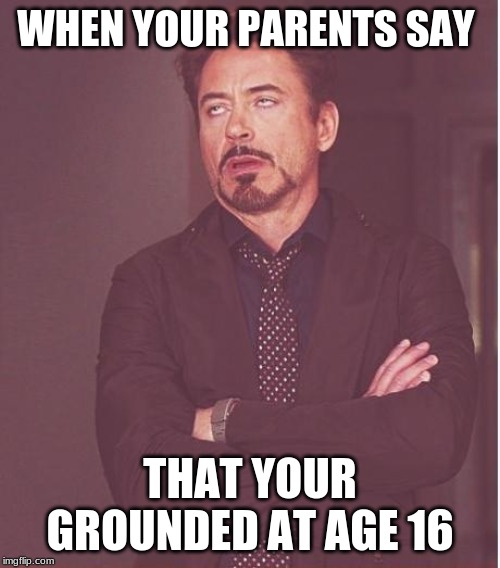 Face You Make Robert Downey Jr Meme | WHEN YOUR PARENTS SAY; THAT YOUR GROUNDED AT AGE 16 | image tagged in memes,face you make robert downey jr | made w/ Imgflip meme maker