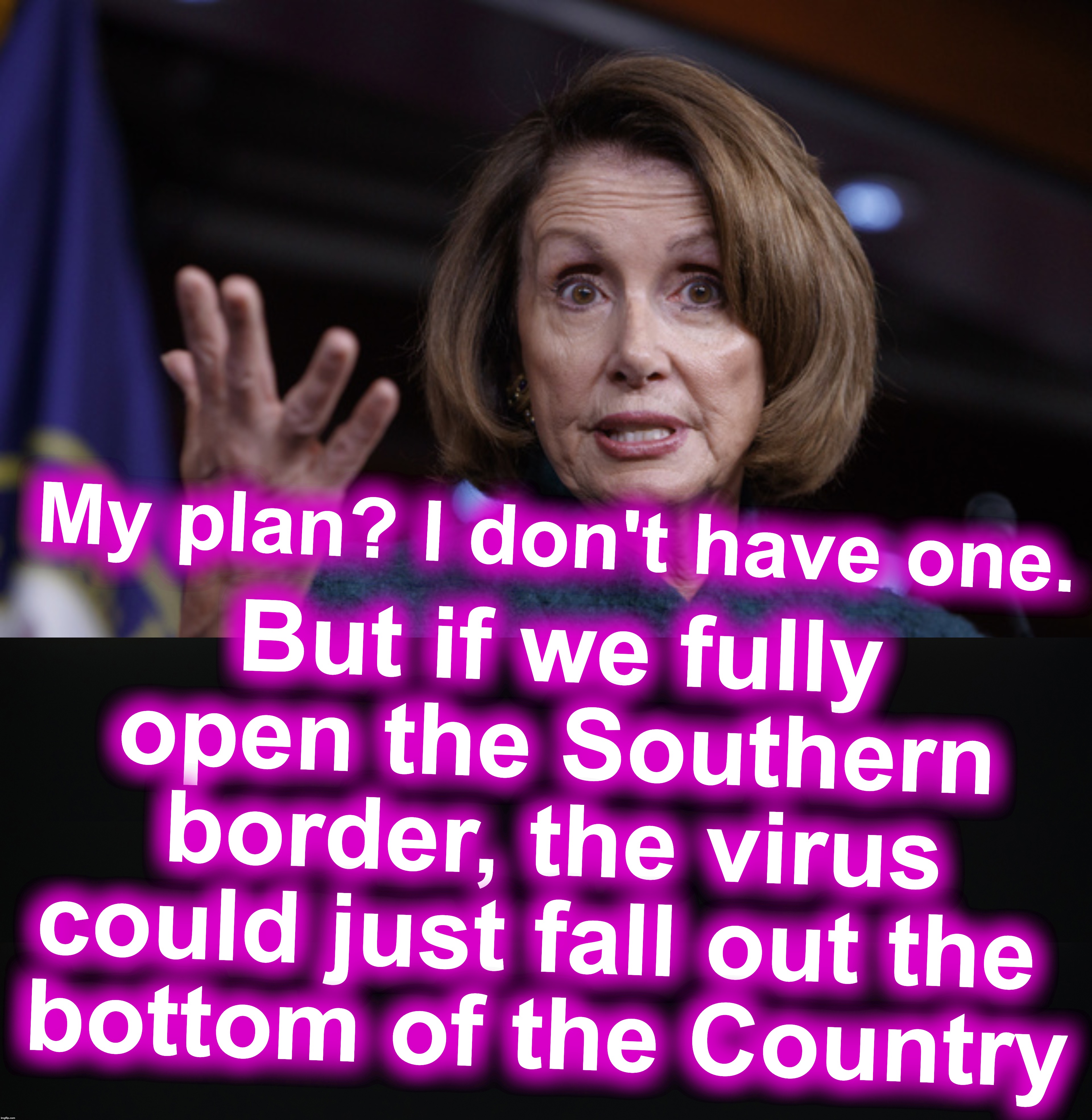I'm sure random migrants won't bring in the corona virus | But if we fully open the Southern border, the virus could just fall out the 
bottom of the Country; My plan? I don't have one. | image tagged in good old nancy pelosi,coronavirus,corona,corona virus | made w/ Imgflip meme maker