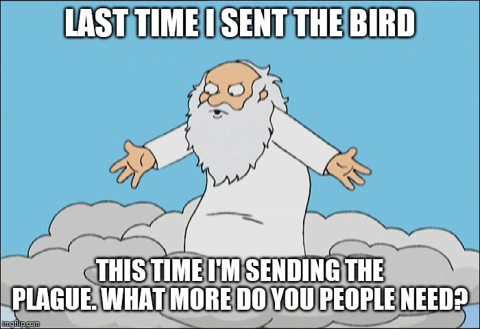 Family Guy God Cmon | LAST TIME I SENT THE BIRD; THIS TIME I'M SENDING THE PLAGUE. WHAT MORE DO YOU PEOPLE NEED? | image tagged in family guy god cmon | made w/ Imgflip meme maker