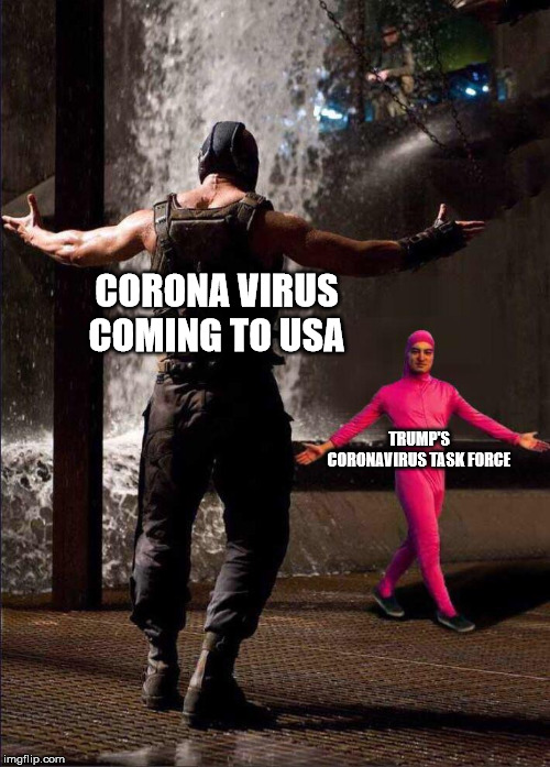 Pink Guy vs Bane | CORONA VIRUS COMING TO USA; TRUMP'S CORONAVIRUS TASK FORCE | image tagged in pink guy vs bane | made w/ Imgflip meme maker