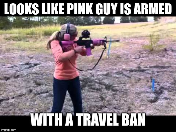 LOOKS LIKE PINK GUY IS ARMED WITH A TRAVEL BAN | made w/ Imgflip meme maker