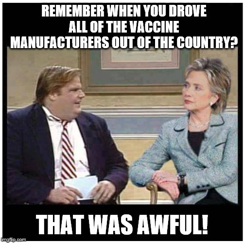 I hope she gets the coronavirus. It would be so poetic. | REMEMBER WHEN YOU DROVE ALL OF THE VACCINE MANUFACTURERS OUT OF THE COUNTRY? THAT WAS AWFUL! | image tagged in funny memes,politics,coronavirus,hillary clinton,liberal hypocrisy | made w/ Imgflip meme maker