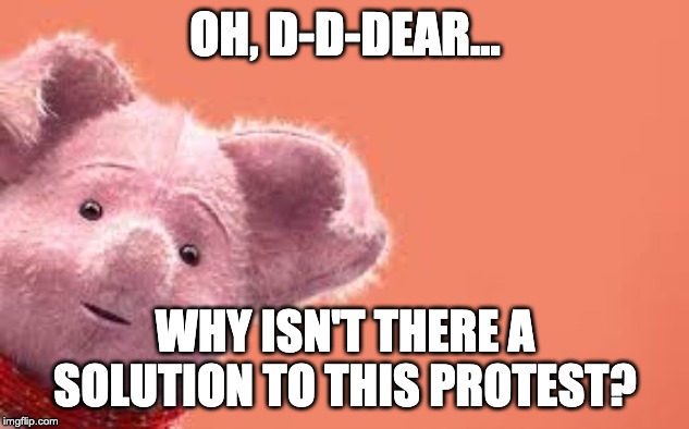 OH, D-D-DEAR... WHY ISN'T THERE A SOLUTION TO THIS PROTEST? | image tagged in winnie the pooh and piglet | made w/ Imgflip meme maker