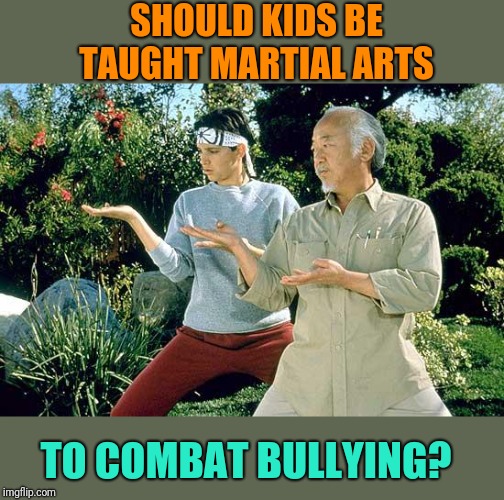 Self defense is one thing,  but should we really be teaching kids to combat violence with more violence? | SHOULD KIDS BE TAUGHT MARTIAL ARTS; TO COMBAT BULLYING? | image tagged in karate kid practice,bullying | made w/ Imgflip meme maker