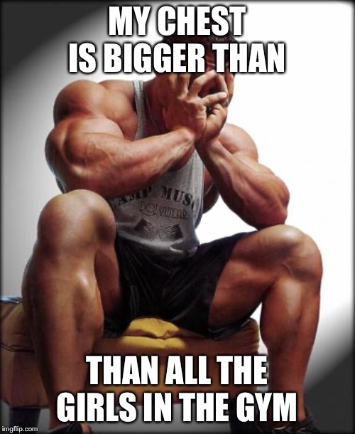 Depressed Bodybuilder | MY CHEST IS BIGGER THAN; THAN ALL THE GIRLS IN THE GYM | image tagged in depressed bodybuilder | made w/ Imgflip meme maker