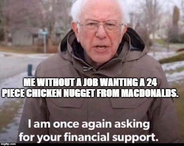 bernie sanders financial support | ME WITHOUT A JOB WANTING A 24 PIECE CHICKEN NUGGET FROM MACDONALDS. | image tagged in bernie sanders financial support | made w/ Imgflip meme maker