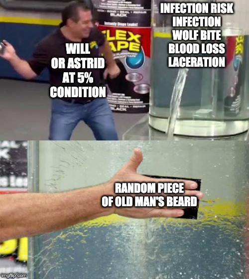 Flex Tape | INFECTION RISK
INFECTION
WOLF BITE
BLOOD LOSS
LACERATION; WILL OR ASTRID AT 5% CONDITION; RANDOM PIECE OF OLD MAN'S BEARD | image tagged in flex tape | made w/ Imgflip meme maker