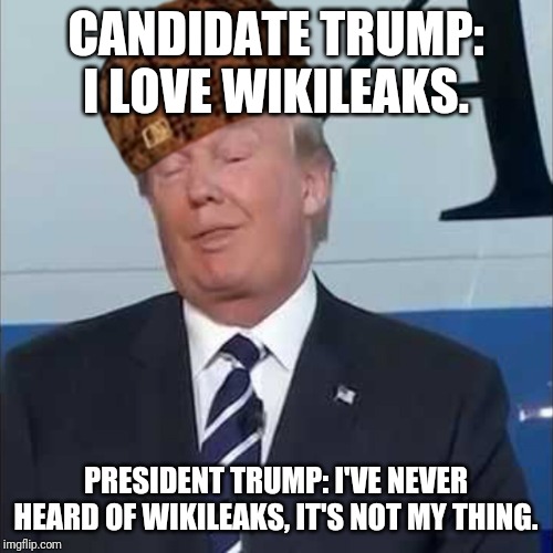 Scumbag Trump | CANDIDATE TRUMP: I LOVE WIKILEAKS. PRESIDENT TRUMP: I'VE NEVER HEARD OF WIKILEAKS, IT'S NOT MY THING. | image tagged in scumbag trump | made w/ Imgflip meme maker