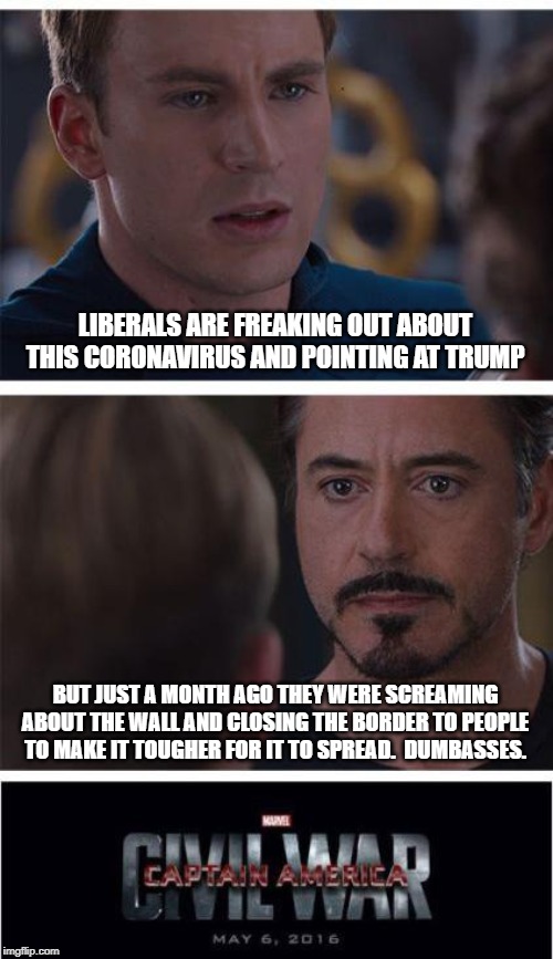 Marvel Civil War 1 | LIBERALS ARE FREAKING OUT ABOUT THIS CORONAVIRUS AND POINTING AT TRUMP; BUT JUST A MONTH AGO THEY WERE SCREAMING ABOUT THE WALL AND CLOSING THE BORDER TO PEOPLE TO MAKE IT TOUGHER FOR IT TO SPREAD.  DUMBASSES. | image tagged in memes,marvel civil war 1 | made w/ Imgflip meme maker