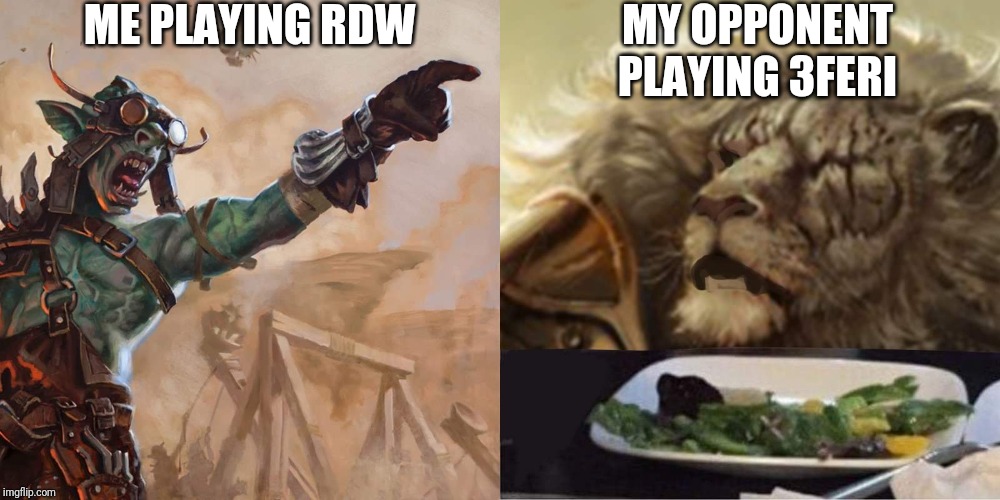 Woman yelling at cat | ME PLAYING RDW; MY OPPONENT
PLAYING 3FERI | image tagged in woman yelling at cat | made w/ Imgflip meme maker