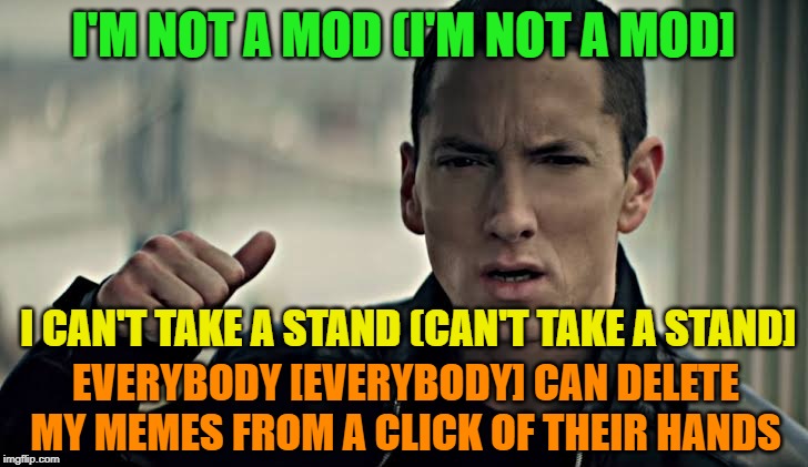 Not Afraid | I'M NOT A MOD (I'M NOT A MOD]; I CAN'T TAKE A STAND (CAN'T TAKE A STAND]; EVERYBODY [EVERYBODY] CAN DELETE MY MEMES FROM A CLICK OF THEIR HANDS | image tagged in eminem | made w/ Imgflip meme maker