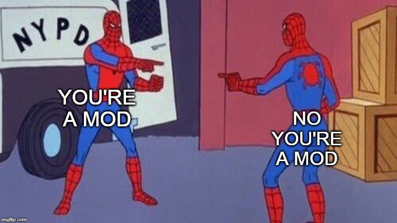 spiderman pointing at spiderman | YOU'RE A MOD NO YOU'RE A MOD | image tagged in spiderman pointing at spiderman | made w/ Imgflip meme maker