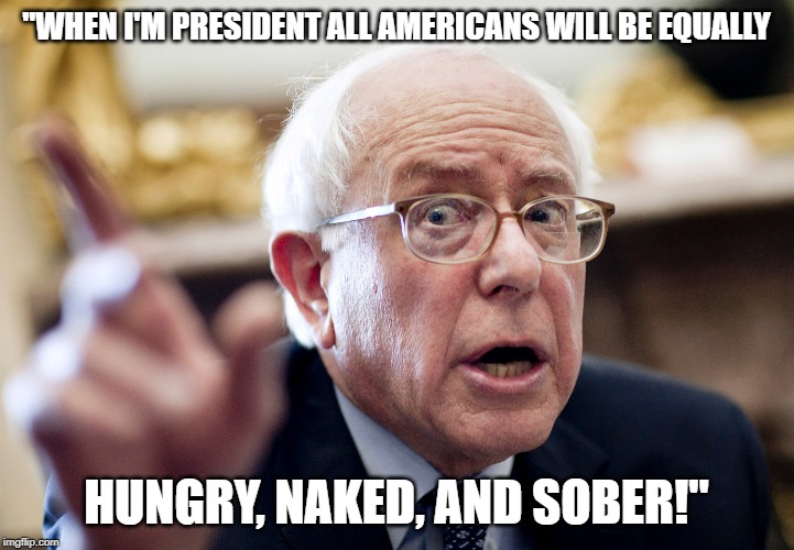 Crazy Bernie Sanders | "WHEN I'M PRESIDENT ALL AMERICANS WILL BE EQUALLY; HUNGRY, NAKED, AND SOBER!" | image tagged in crazy bernie sanders | made w/ Imgflip meme maker