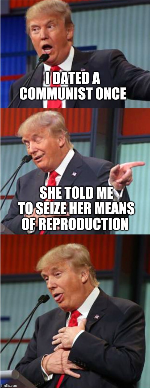 Gotta grab em by the...... | I DATED A COMMUNIST ONCE; SHE TOLD ME TO SEIZE HER MEANS OF REPRODUCTION | image tagged in bad pun trump,communists | made w/ Imgflip meme maker