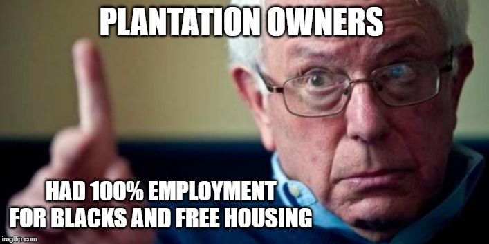 Bernie Sanders | PLANTATION OWNERS; HAD 100% EMPLOYMENT FOR BLACKS AND FREE HOUSING | image tagged in bernie sanders | made w/ Imgflip meme maker