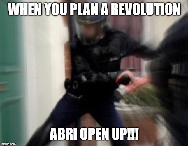 FBI Door Breach | WHEN YOU PLAN A REVOLUTION; ABRI OPEN UP!!! | image tagged in fbi door breach | made w/ Imgflip meme maker